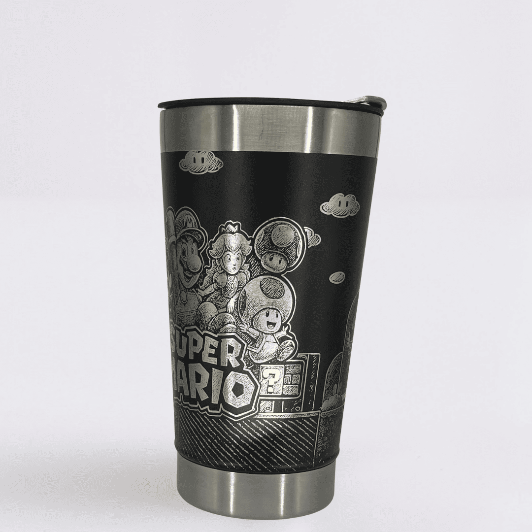 Super Mario – Copo Térmico Preto Personalizado 360° a Laser + Brinde